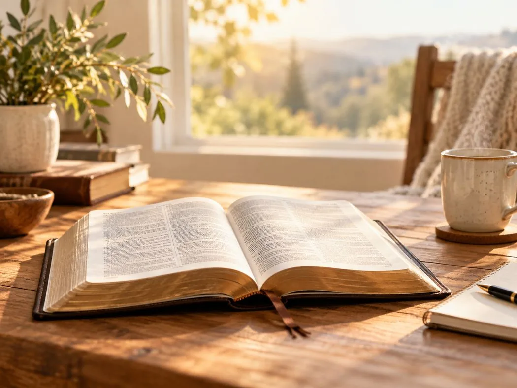 An open Bible on a warm table with a journal and coffee