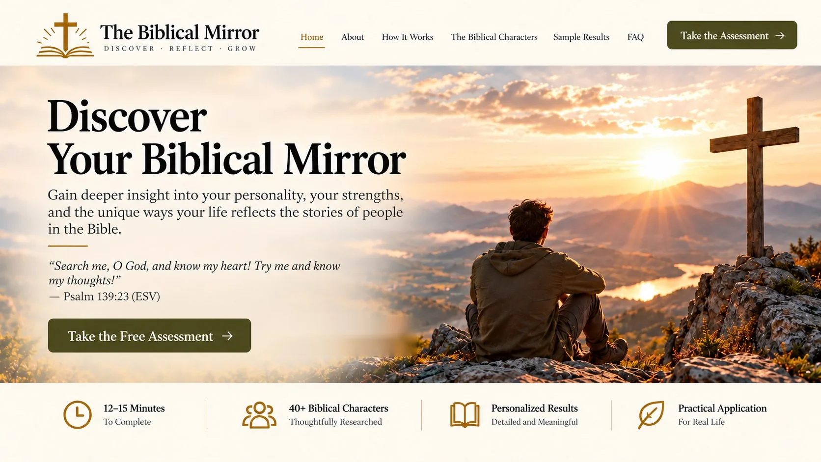 Homepage showing a man on a mountain at sunrise beside a cross, with The Biblical Mirror introduction